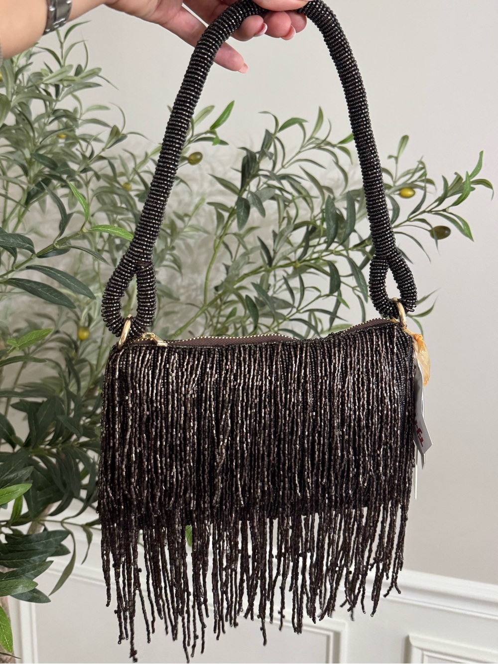 Made in India Brown beaded fringe shoulder bag with gold hardware